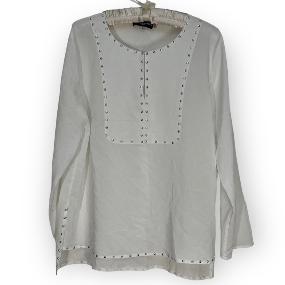 Karl Lagerfeld Paris Blouse White Studded Split Neck Flowy Lightweight KLP Sz M